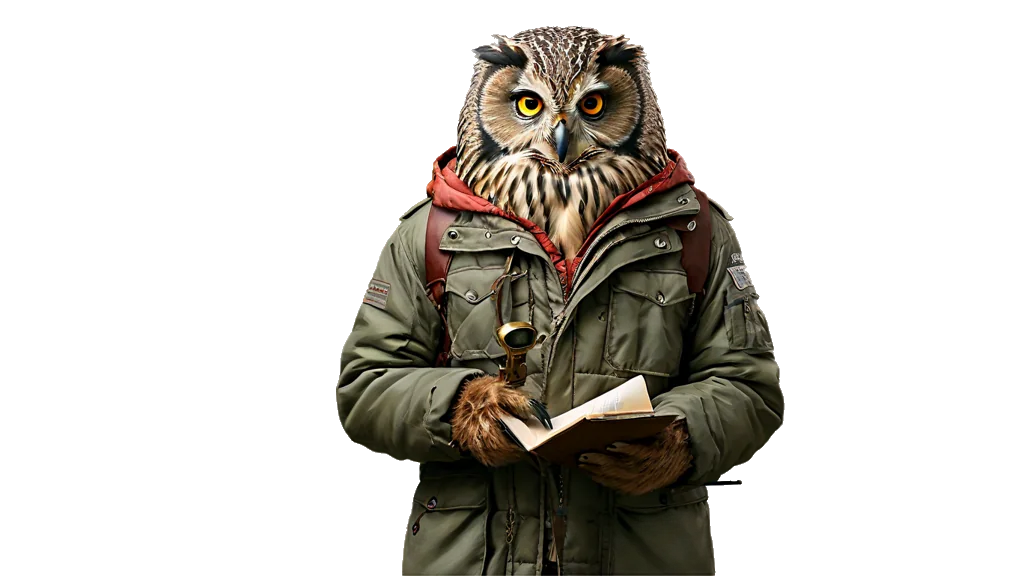 A powerful owl inspector reading the small print of a long unrolled contract