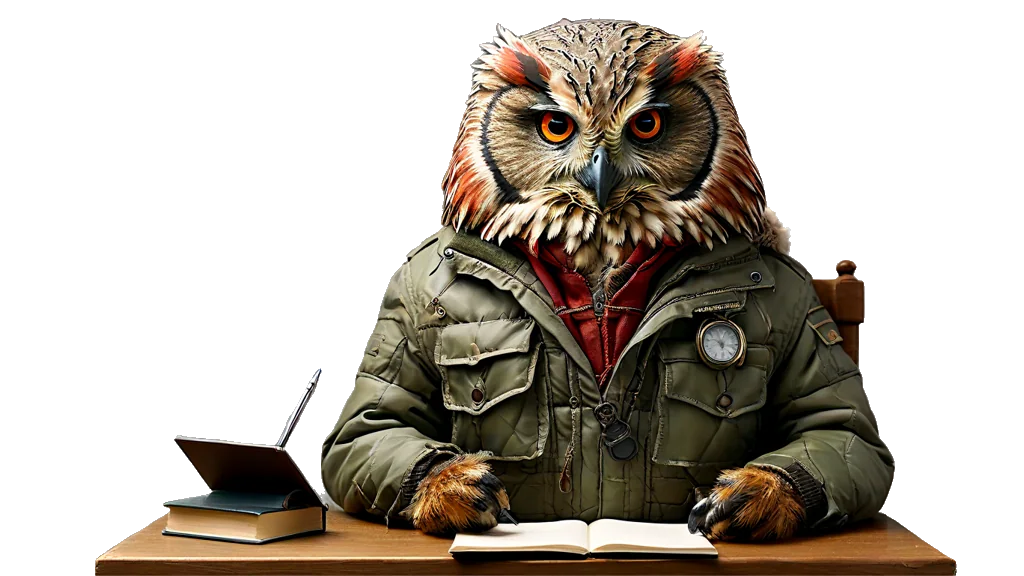 A powerful owl inspector at a reading desk stacked with documents