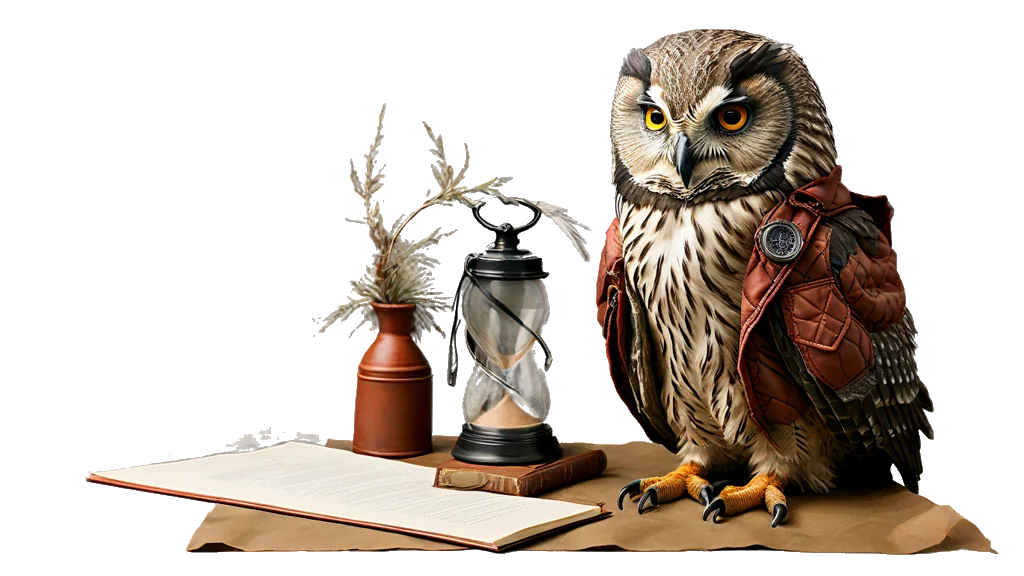 Top Crypto Casino Australia: A powerful owl inspector beside a large sand timer, watching it run A powerful owl inspector beside a large sand timer, watching it run