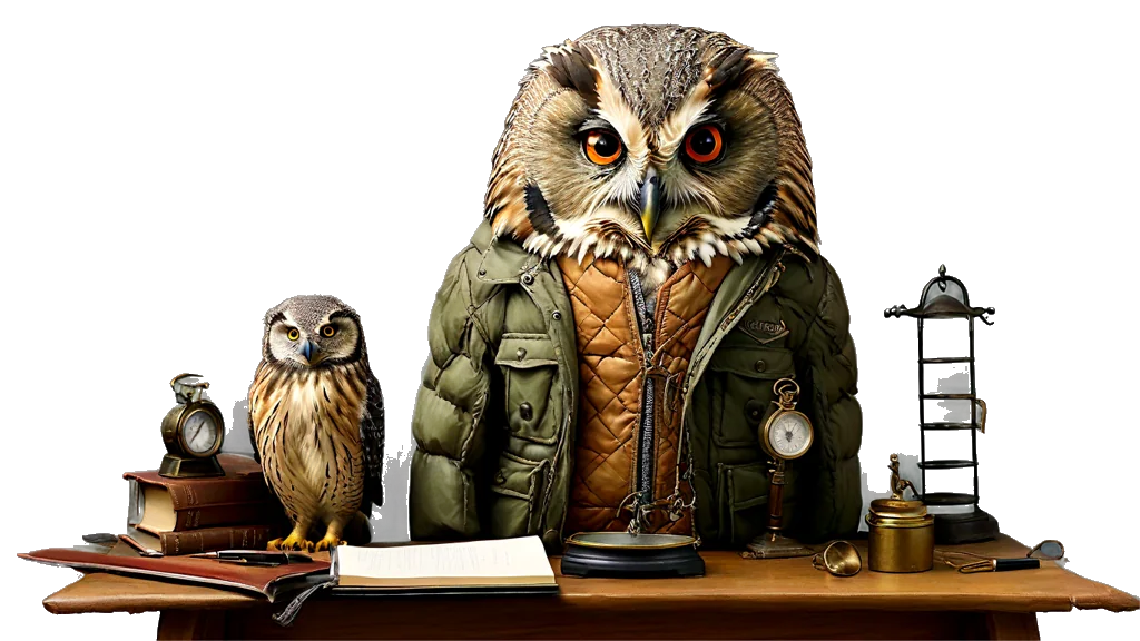 A powerful owl inspector at a tall desk, weighing two heavy ledgers on a balance scale