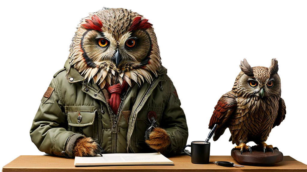 A powerful owl inspector at a desk of sorted paperwork, rubber stamp in hand