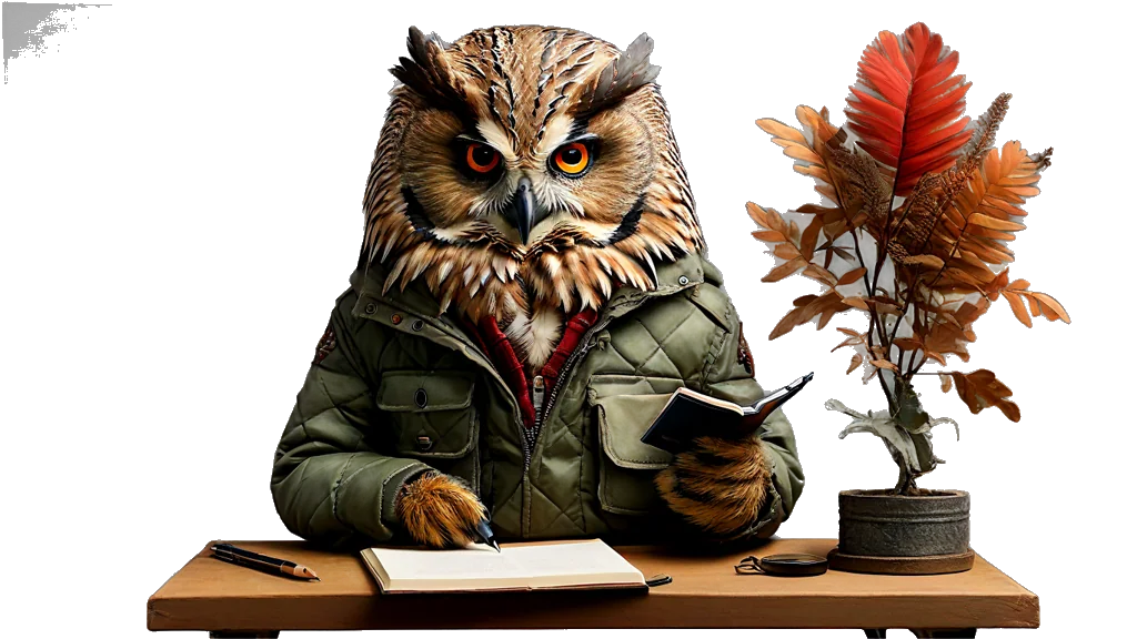 A powerful owl inspector at a reading desk stacked with documents