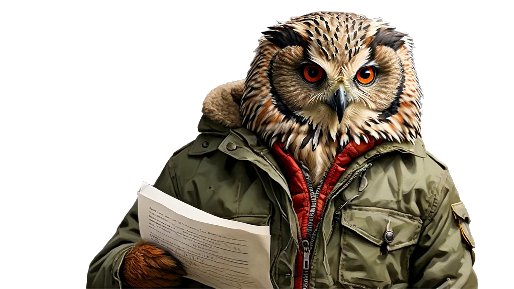 A powerful owl inspector examining a stamped identity document through a lens