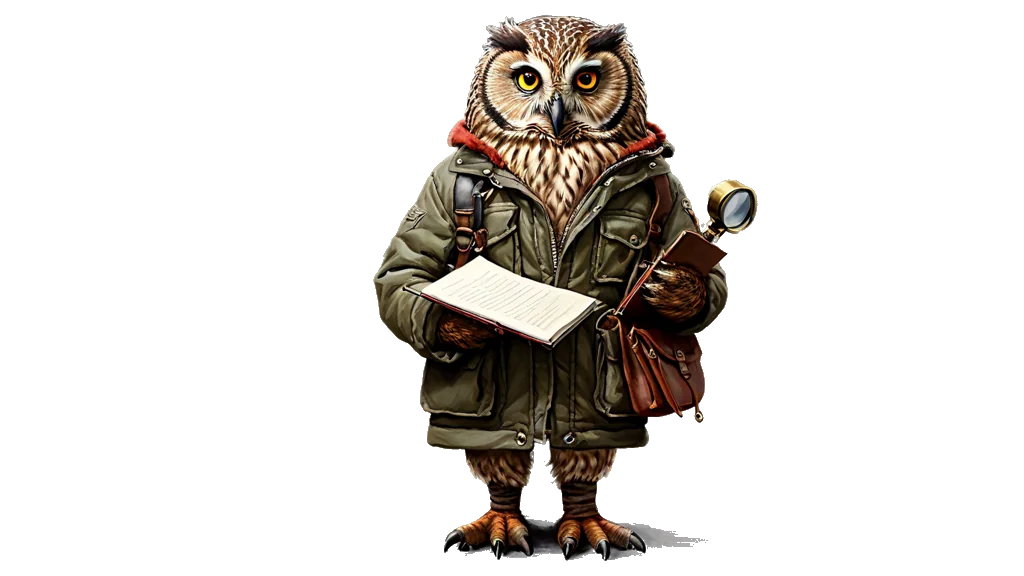 A powerful owl inspector taking notes beside an old mechanical reel cabinet, back turned to it