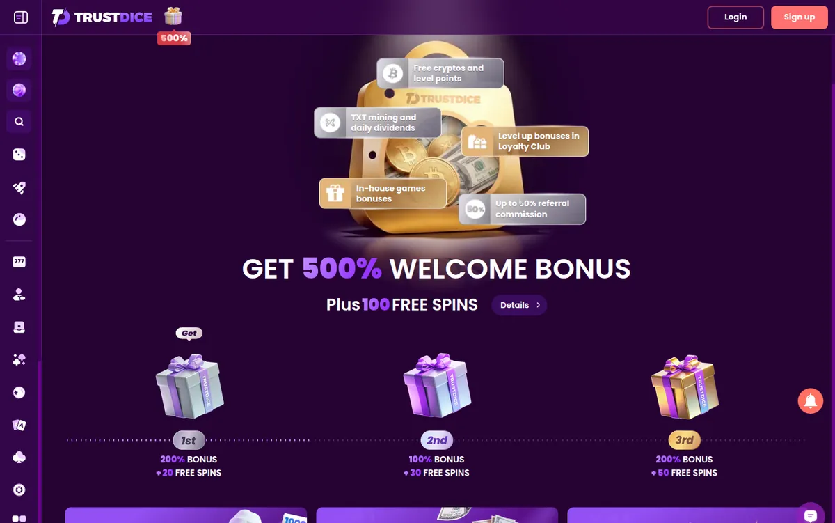 The TrustDice promotions page listing its current bonus offers and their headline terms