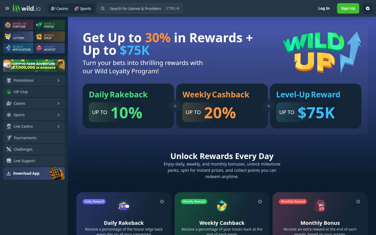 The Wild.io VIP or loyalty programme page showing its tiers and rewards
